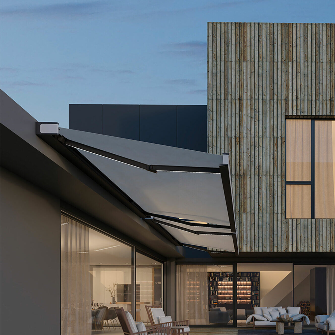 Store extérieur en normandie, store banne sur mesure, store banne coffre noir avec toile blanche