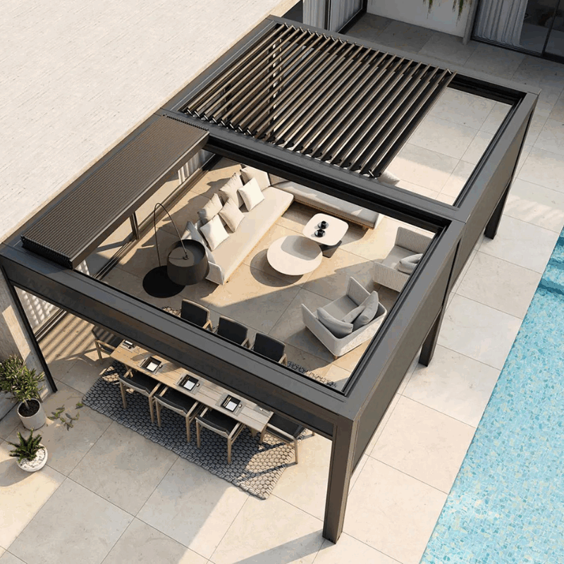 Pergola bioclimatique sur une terrasse